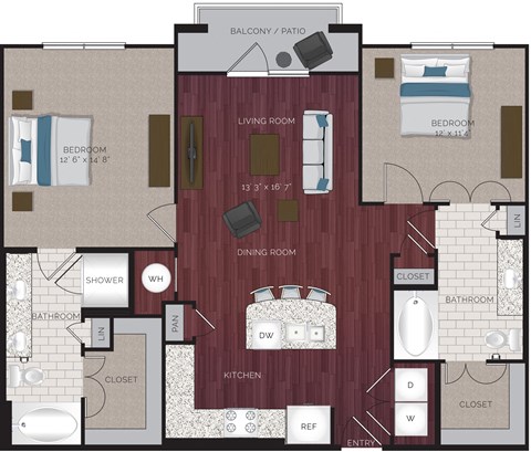 Floor plan for 2 beds, 2 baths, 1143 sqft